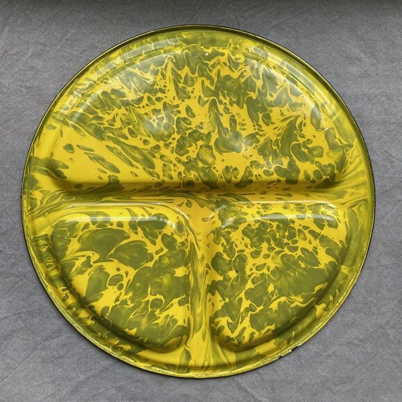 Set/5 Vintage Enamelware Divided Plates 12” Green, Mustard Yellow Graniteware - Picture 6 of 12